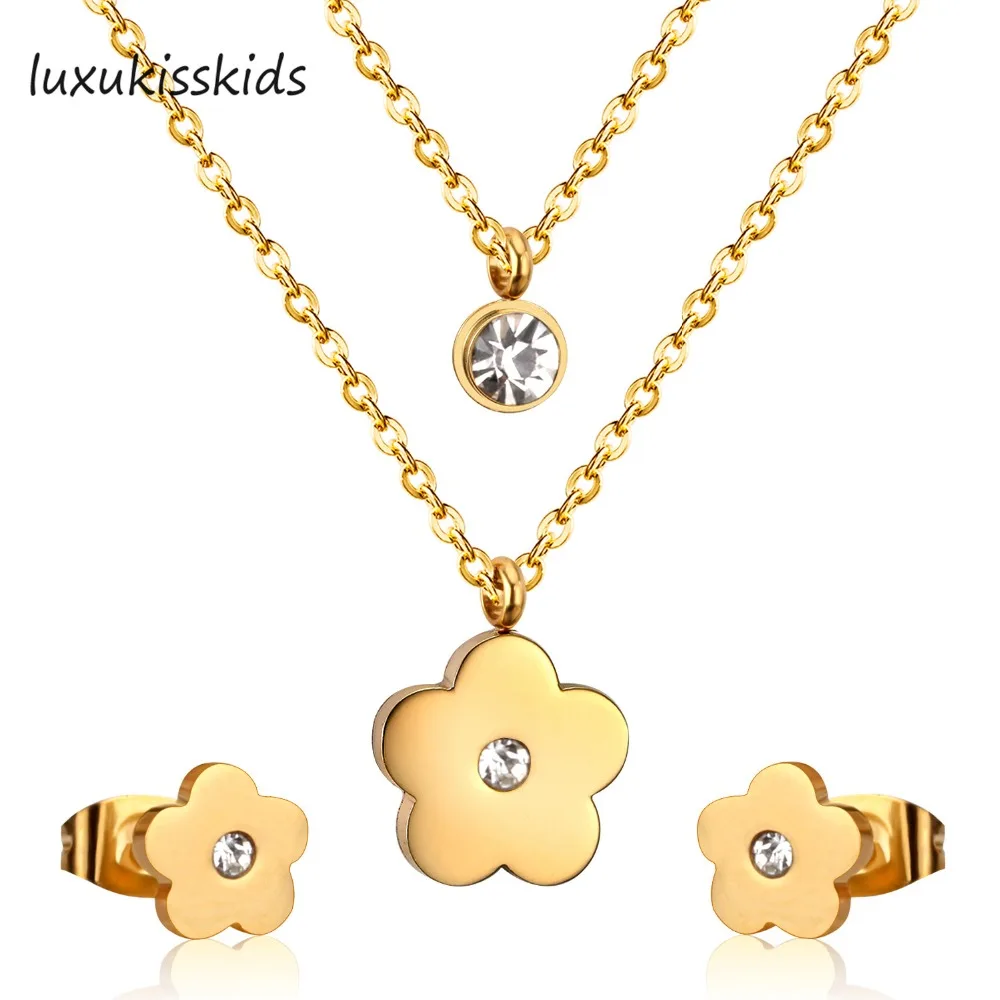 

LUXUKISSKIDS Brand New Jewelry Sets Gold Color Flower Pendant Necklace Earrings Round Crystal Double Chain Necklaces