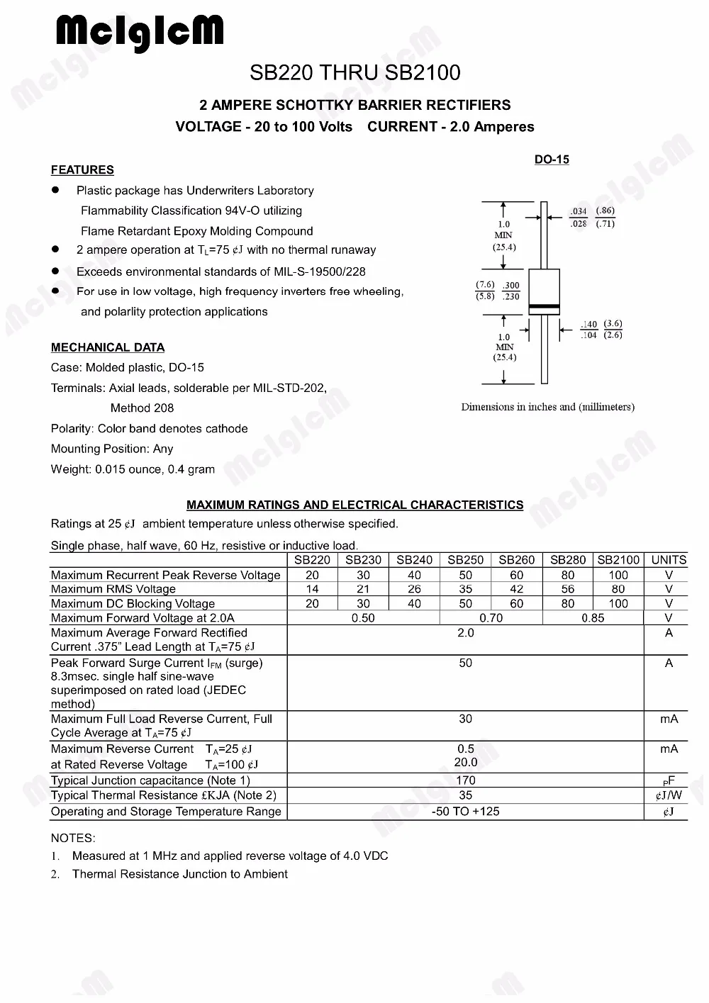 MCIGICM 50 шт DO-15 2A 100 V диод Шоттки sb2100