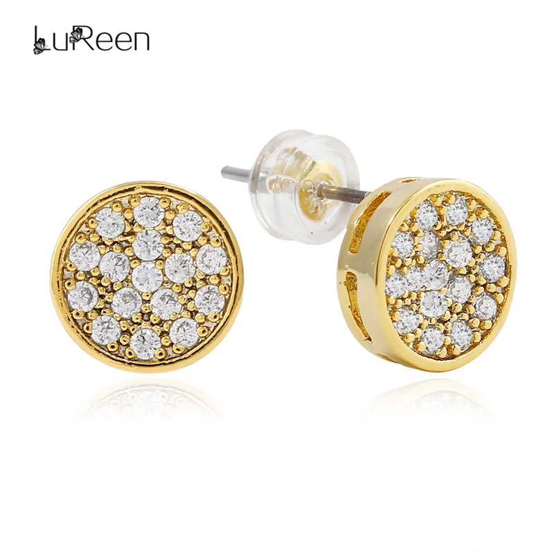 

LuReen 9mm Bling Micro Pave Iced Out Full Zirconia Round Stud Earring Unisex CZ Gold Screwback Earrings Women Mens Jewelry