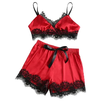 

2pcs pajamas sets for women lace satin summer nightwear sexy lingerie pajamas pyjamas women homewear Suspender shorts pajamas
