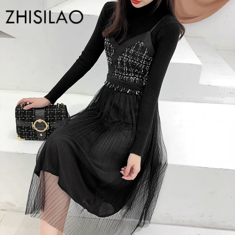 

2 Pics Autumn Winter Dress Women Elegant Black A-line Long Dress Plus Size Party Vintage Dress Mujer Lace Knitted Dresses