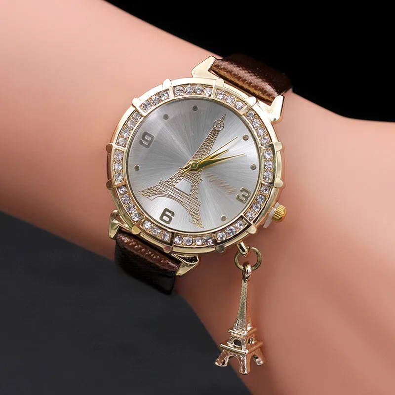 Женские часы Лидирующий бренд Новое поступление модные женские кварцевые наручные часы Эйфелева башня горный хрусталь кулон наручные часы 30X