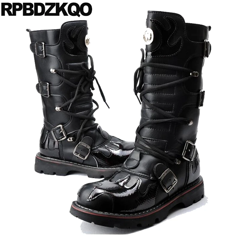 

Men Black Footwear Lace Up Tall Punk Shoes Designer Fall 2018 Fashion Metalic Vintage Motorcycle Boots Autumn Mid Calf Non Slip