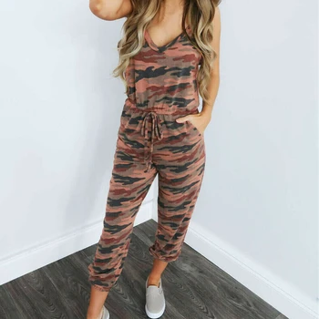 

New Women Casual Summer Jumpsuit Bandage Sleeveless Slim Fit Bodycon Long Trouser Overalls Camo Solid Romper Jumpsuit
