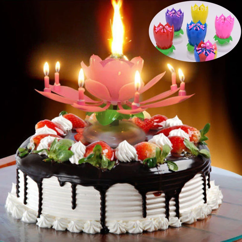 Double Layers Lotus Birthday Candle With Music Rotating Candle