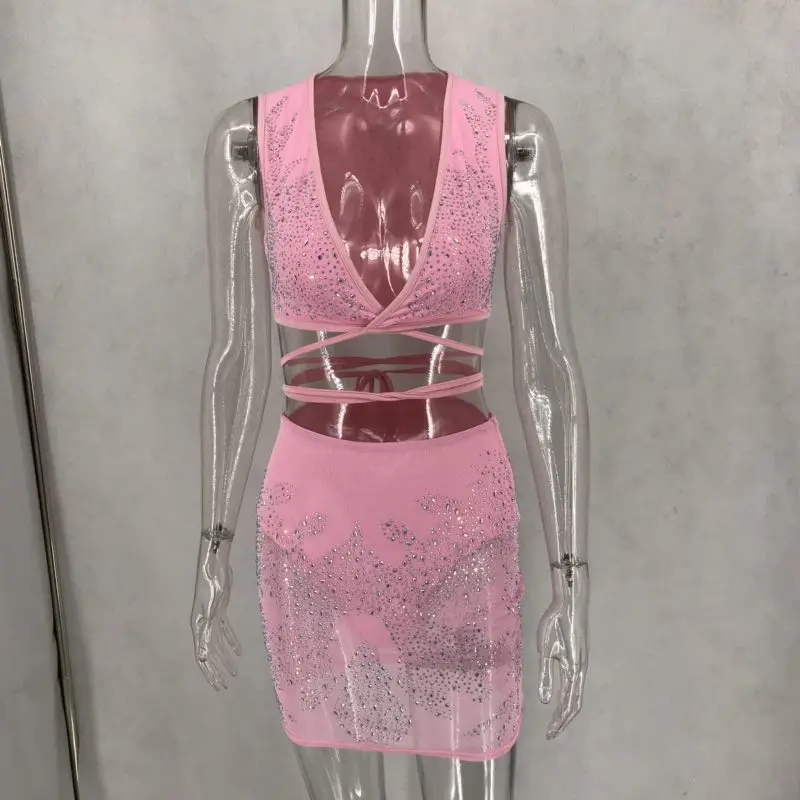 Стразы, набор из двух предметов, женские сексуальные летние Вечерние наряды для ночного клуба, розовые облегающие мини-юбки с v-образным вырезом