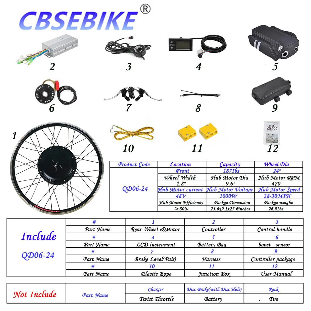 CBSEBIKE Ebike 24 дюймов переднее колесо комплект высокая скорость преобразования 36v250w 36v500w 48v500w 48v1000w QC05-24 - Цвет: 24inch 48v1000w QD6