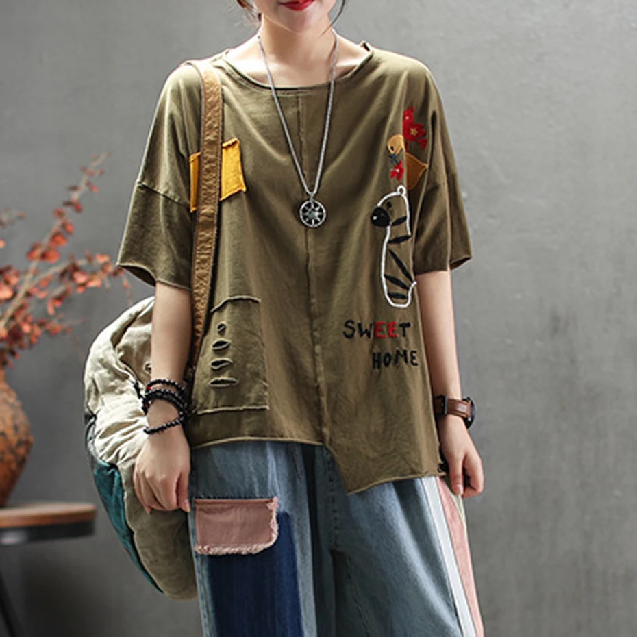 

Women Cotton Tops T Shirt Tees for Ladies O Neck Embroidery Cartoon Big Loose Patchwork Vintage Casual Fashion for Summer A70018
