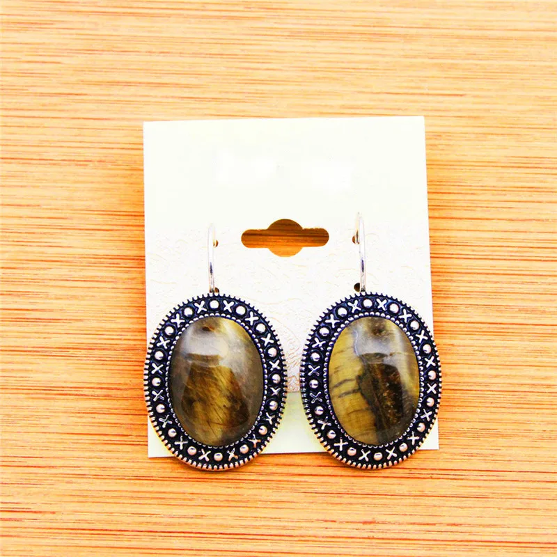 

Natural Earrings Tiger Eye Stone Vintage Pendant Earrings For Women Antique Silver Plated Stone Fashion Jewelry
