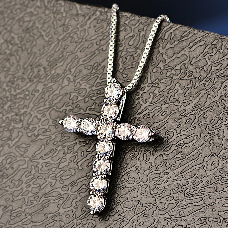5A Zirconia Cross Crystal Pendants Silver-Plate Box Chain Necklace Female Choker Necklaces Fashion Jewelry Gifts For Women Girls