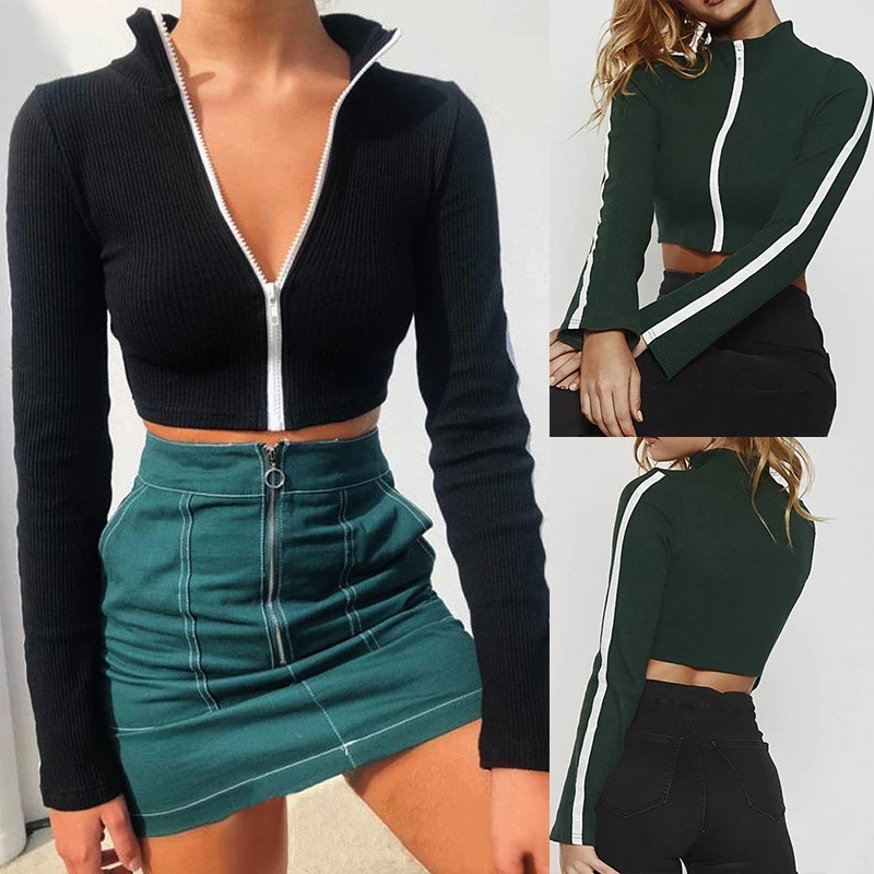 2019 Spring Autumn Zip Up Long Sleeve Crop Tops Sexy Women Casual Leotard Short T-Shirt Woman Fashion Streetwear Leisure Shirt