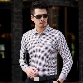 

MRMT 2020 Brand New Men's Lapel T-shirt Small Round Pocket Long Sleeves T-shirt for Male Cotton Trellis Middle-aged T-shirt
