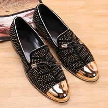Gold Cap-Toe Black Suede Leather Crystal Embellished Mens Shoes Slip-On Flat Loafers Men Dress Wedding Shoes Sapato Masculino