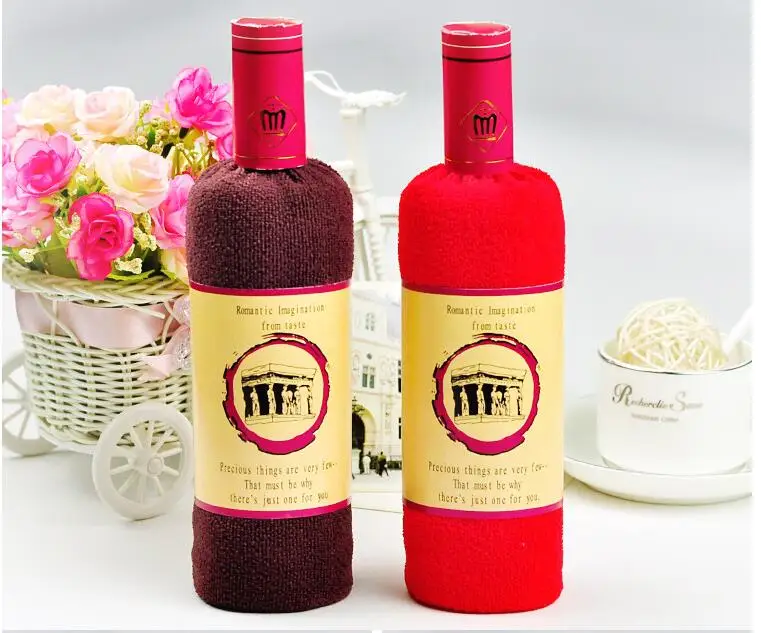

10PCS/lot! Red Wine Bottle Shape 100% Cotton Towel Gift Washcloth Towel Towel Cake Gift Wholesales