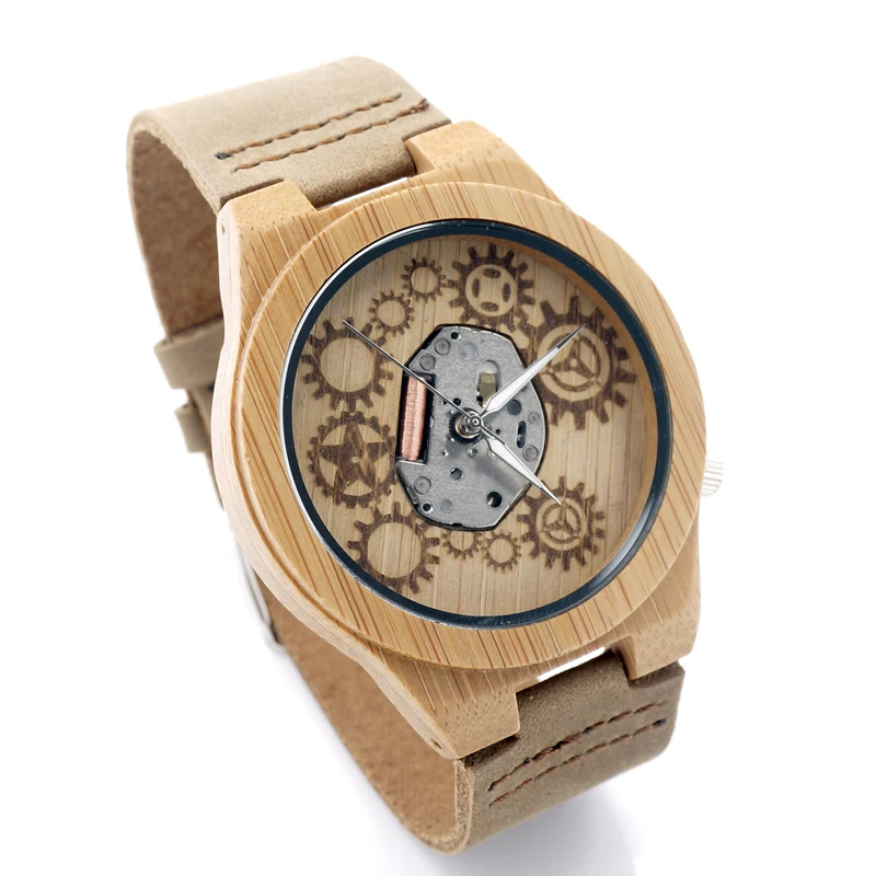 BOBO BIRD Men Bamboo Wood Watch Miyota Japanese 2035 Movement With Genuine Cow Leather Band Quartz Analog Watch