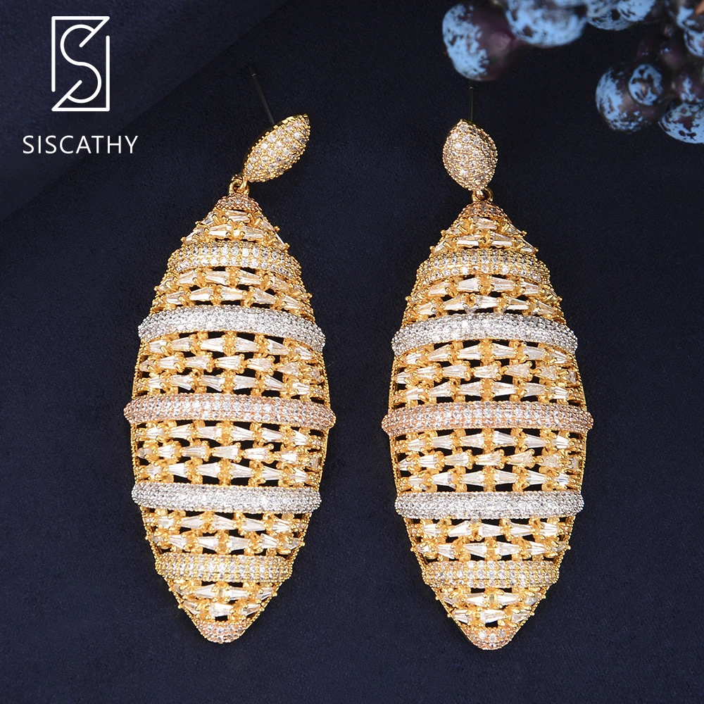 

27*71mm Luxury Oval Hollow Dubai Nigerian Long Dangle Drop Earrings AAA Cubic Zirconia Inlaid For Wedding Engagement Party