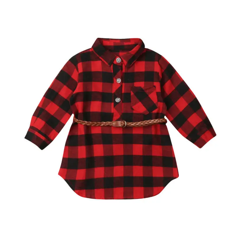 

Baby Kid Girl Long Sleeve Plaid Belted Dress Button Dresses