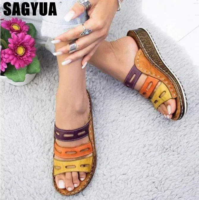

Summer women slippers Rome Retro three-color casual shoes Thick bottom wedge open toe sandals beach slip on slides female Z288