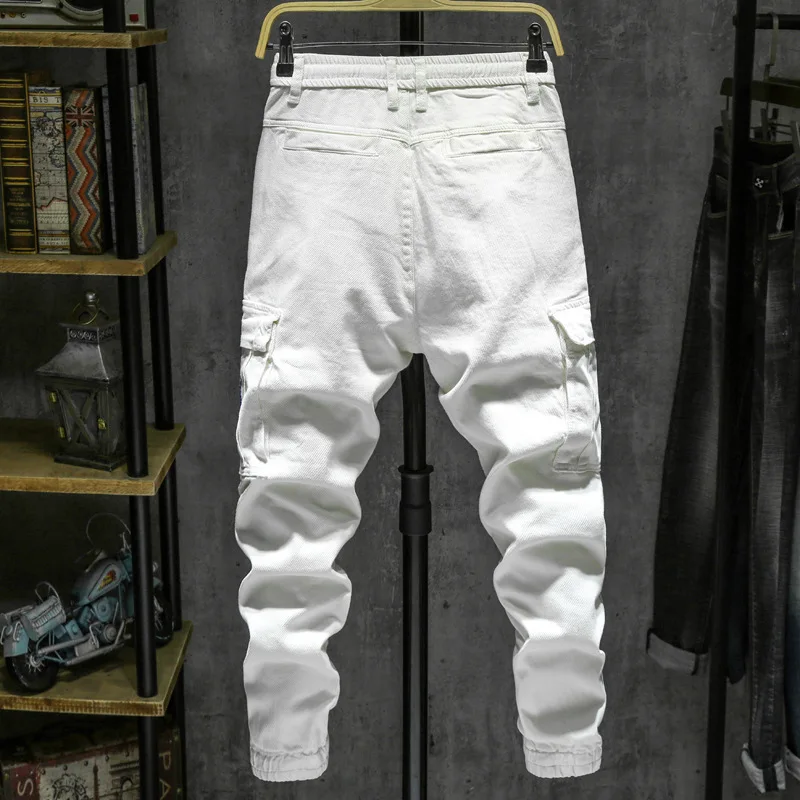 2019 Summer Fashion Men Jeans White Loose Fit Elastic Patch Pocket Cargo Pants Streetwear Slack Bottom Hip Hop Joggers Jeans Men