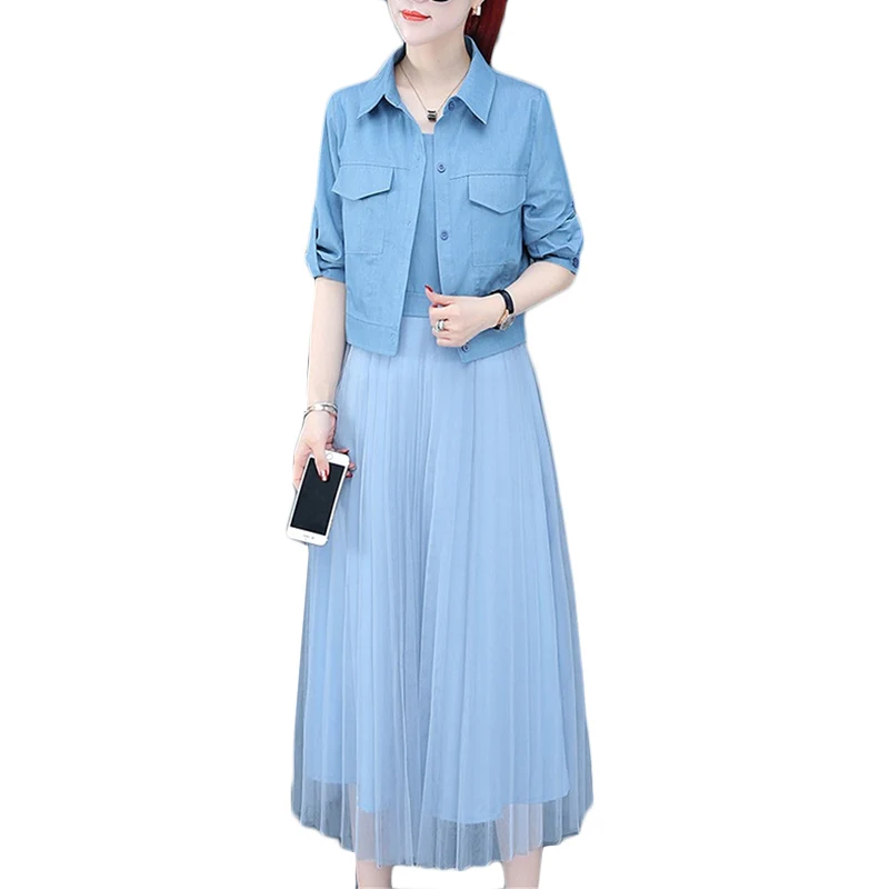 

Sling Dress Female Suit 2019 Spring Autumn Women's Temperament High quality Two-piece Dresses Summer Blue Dresses Sets Tide F317
