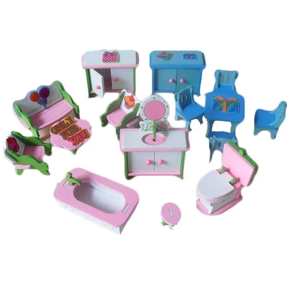 

Newest 1 Set DIY 3D Dolls House Wooden Simulation Miniature Furniture Sets Play Household Educational Puzzle Toys Christmas Gift