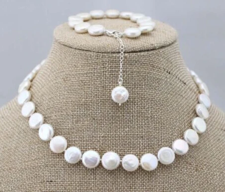 

Free shipping Jew.656 Fashion genuine natural coin freshwater pearl necklace&bracelet 1 set