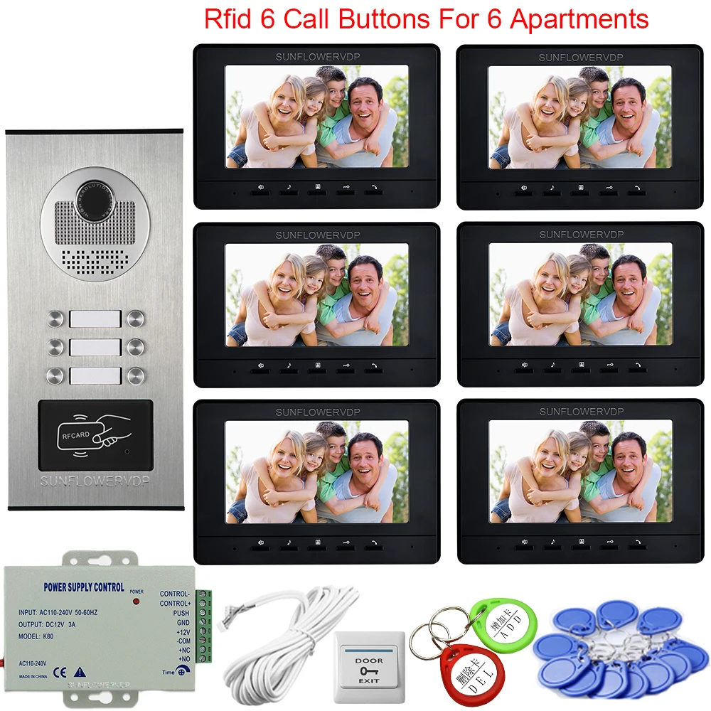 7inch For 6 Apartments Intercoms for Private Homes Wired Home Video Intercom Access Control Video Intercom System House Intercom