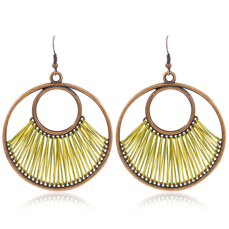 

Bohemian Round Geometric Hollow Silk Drop Earrings Retro Fan Shape Colorful Line Handmade Glamour Earrings Women Jewelry