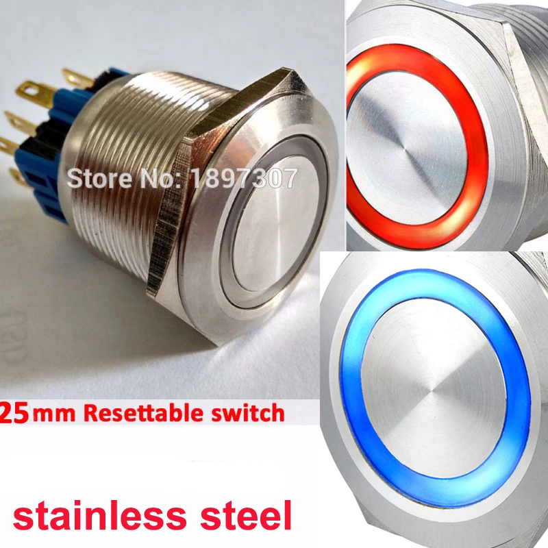 

25mm Dual Color bi-color 24V RED/Blue Ring LED Illumination 1NO1NC Reset Momentary Anti Vandal Electric Car Metal Switch