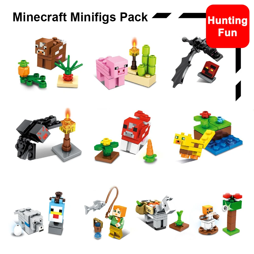 

10 In 1 Set MOC Material My World Minecraft Alex Pink Pig Spider Dragon Fish Horse Mini Figures Model Building Blocks Toys Kids