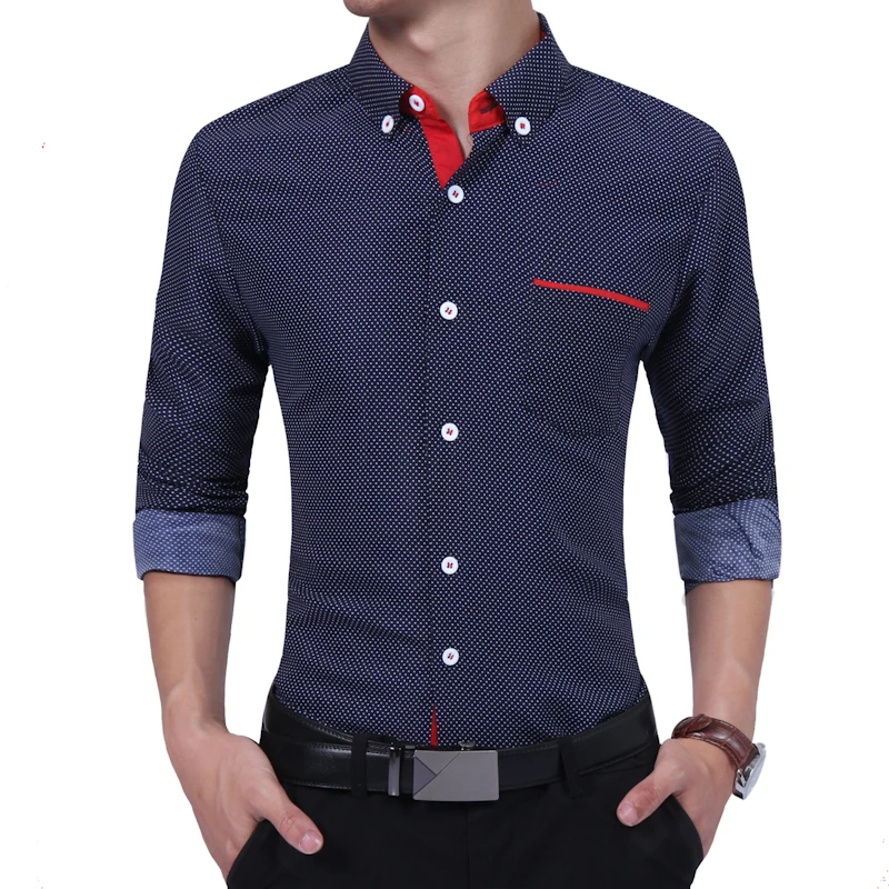 Brand 2018 Fashion Male Shirt Long Sleeves High Quality Cotton Dots