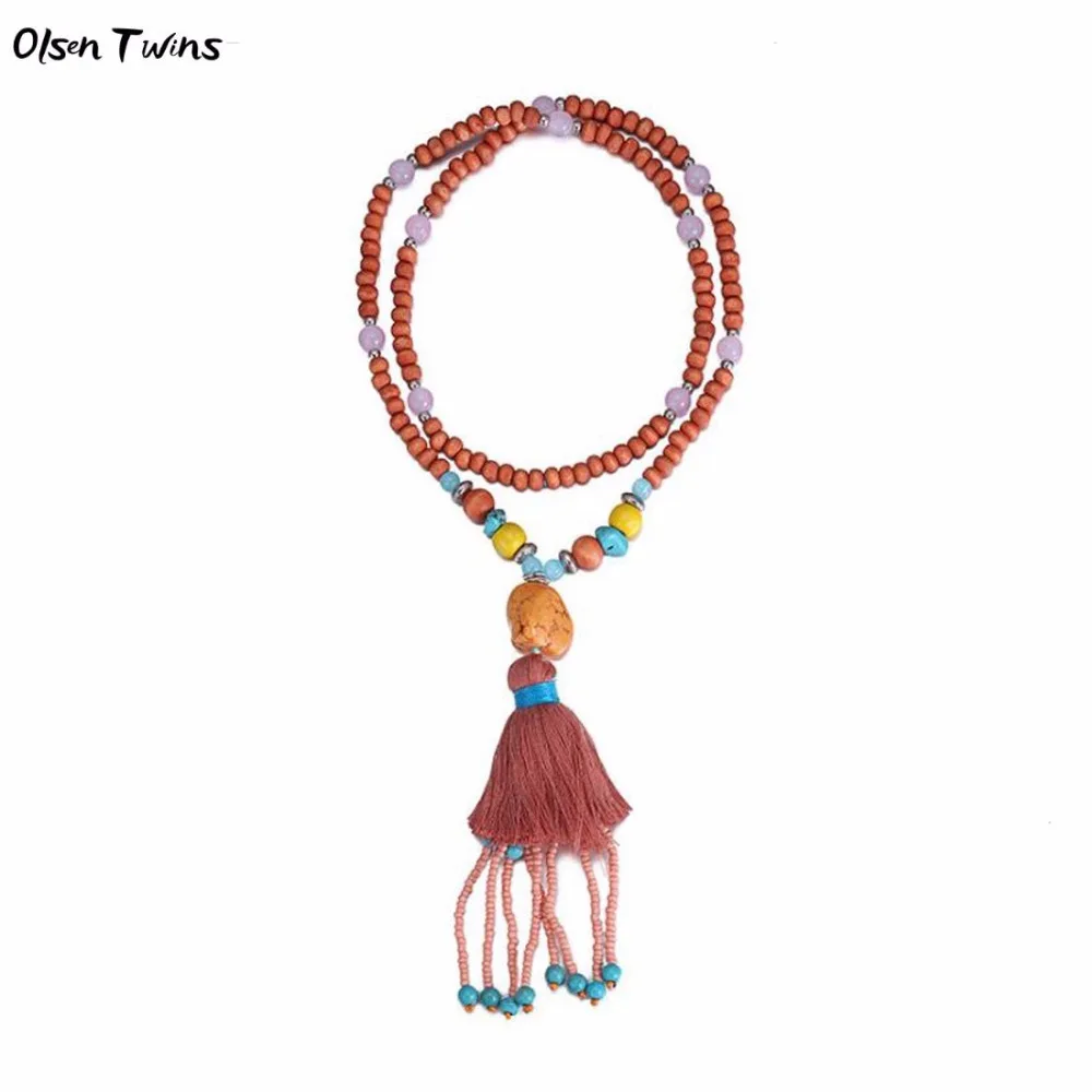 #*Cheap Olsen Twins Handmade Wooden Bead Stone Strand Necklace with Seed Bead Fringe Tassel Bohemian Long Necklaces