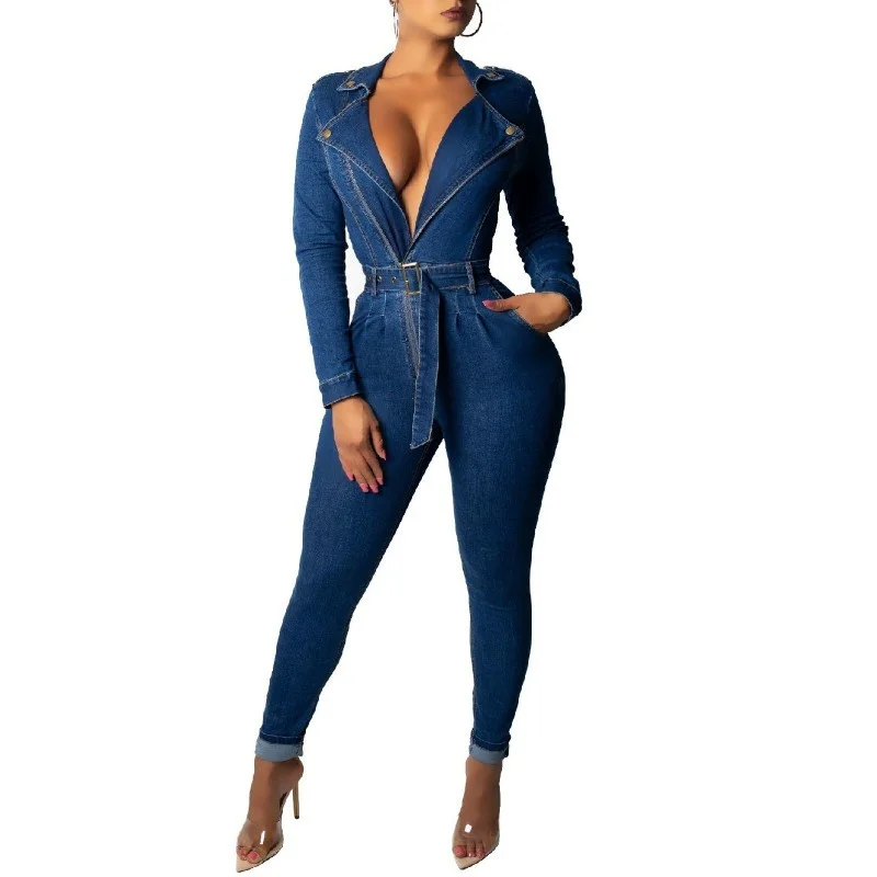 Women's Fashion New V Neck Notched Neck with Zip High Waist Belt Denim pencil Long Jumpsuit Fashion Casual Romper Playsuit S-2XL Women's Fashion New V Neck Notched Neck with Zip High Waist Belt Denim pencil Long Jumpsuit Fashion Casual Romper Playsuit S-2XL