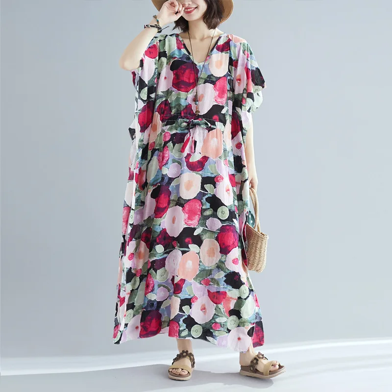 

Johnature Summer 2019 Bohemia Vacation Loose Women Dresses New V-neck Half Sleeve Batwing Print Ruffles Long Korean Women Dress