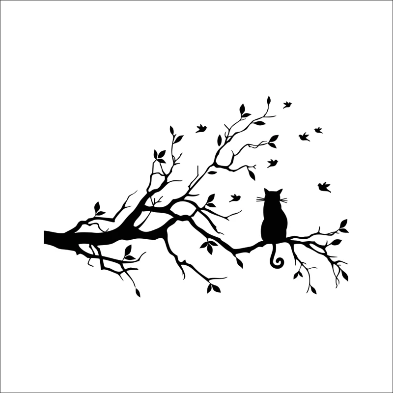 Black Cat On Tree Branch Wall Stickers For Kids Room Living Room Mural Art Home Bedroom Decoration Diy Vinyl Nursery Room Decals