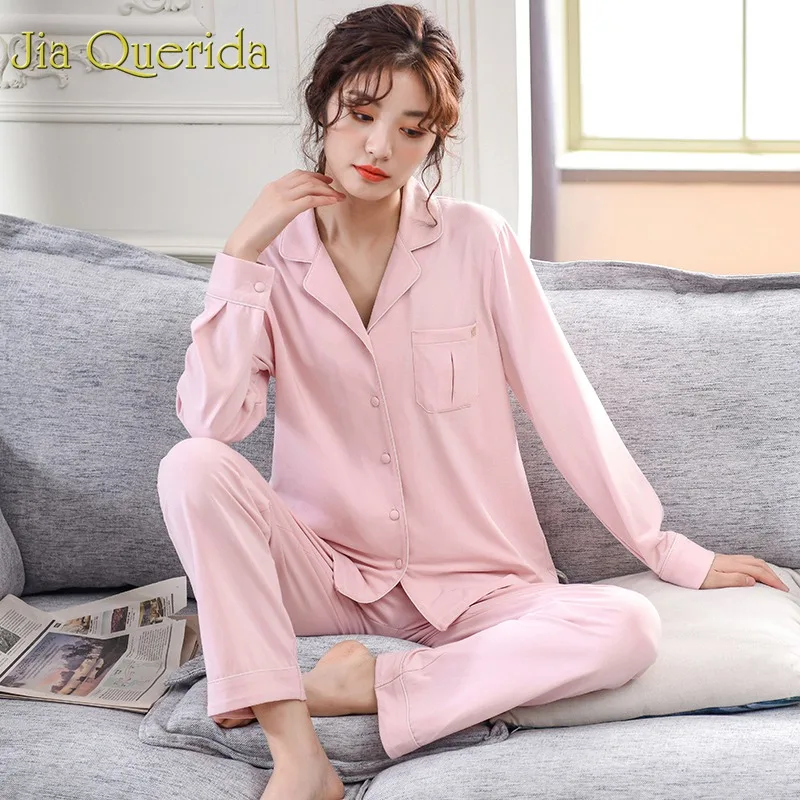 

J&Q Pyjama Xxxl Women 100% Cotton Nightsuit Solid Pink Pajamas Set Long Sleeves Pants Two Pieces Pijama Coton Lapel Plus Size Pj