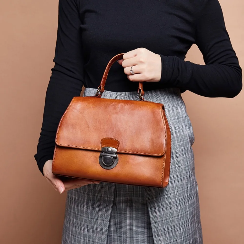 

Vintage Designer Genuine Tanned Leather OL Lady Small Working Purse Female Single Cross Shoulder Bag Real Cow Skin Women Handbag