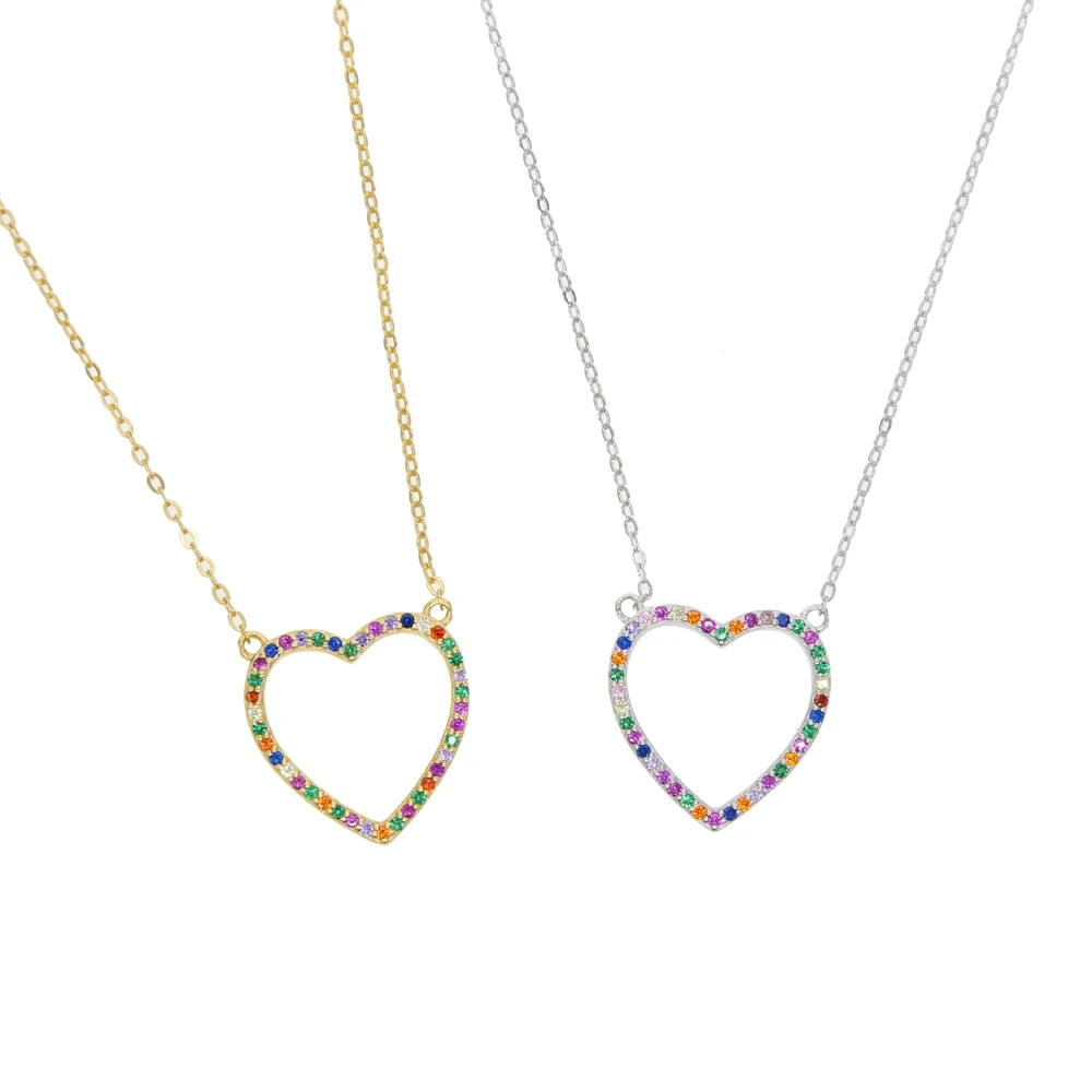

dropshipping 100% 925 sterling silver hollow heart pendant necklace for lover women paved rainbow CZ custom choker fine jewelry