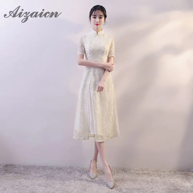 Fashion Lace Qipao Korean Short Sleeve Cheongsam Goddess 2018