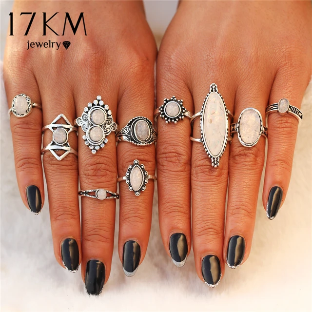 17KM Bohemian Opal Stone Rings Set Women's Antique Silver Color Geometric Finger 17KM Bohemian Opal Stone Rings Set Women's Antique Silver Color Geometric Finger