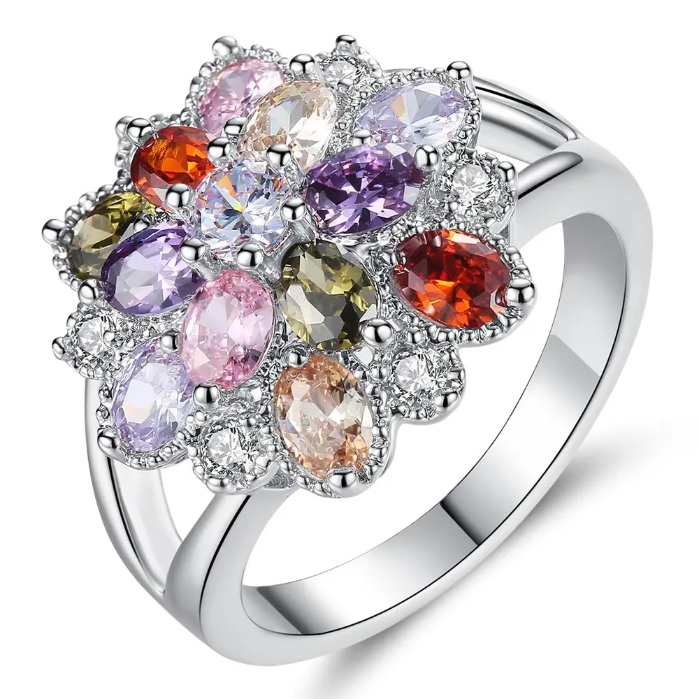 

Beiver Muti-color Flower CZ Ring for Women in Rhodium Plated Retro AAA Cubic Zirconia Silver Jewelry Gifts for Women