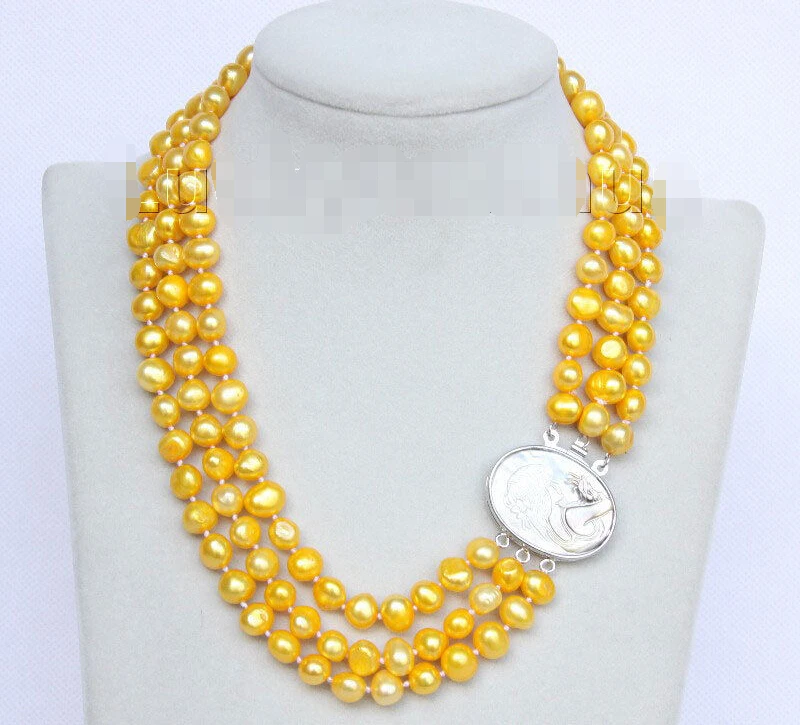 

Baroque 16"-18" 3row 9mm yellow pearls necklace seashell clasp j10077 @^Noble style Natural Fine jewe FREE SHIPPING
