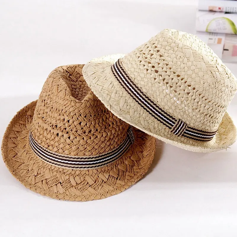 Простая модная детская соломенная шляпа ручной работы винтажная широкополая шляпа летняя пляжная Солнцезащитная шляпа для мальчиков и девочек AIC88