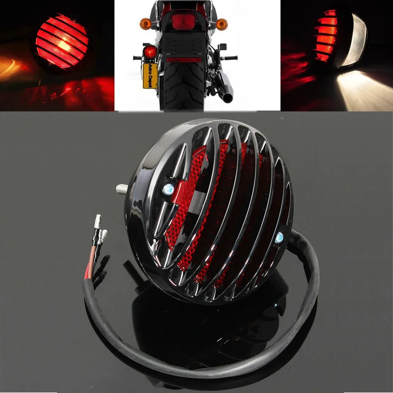 

Black Motorcycle Ribbed Round Tail Brake Light For Harley Cafe Racer Bobber