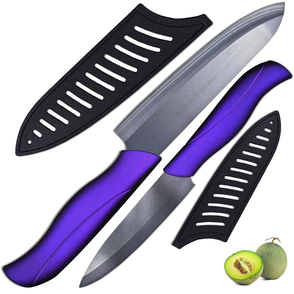 Hot sale ceramic knife set 4 inch utility and 6 inch chef knife with black blade+purple handle