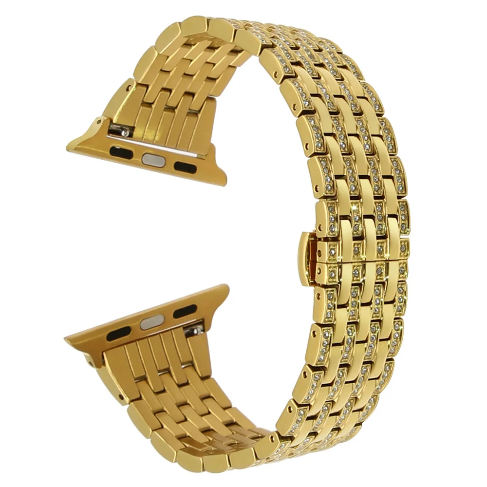 Стразы с бриллиантами ремешок для наручных часов iWatch, версия Apple Watch 38/40/42/44 мм Series 5 4 3 2 1 Нержавеющая сталь группа бабочка Туфли с ремешком и пряжкой - Цвет ремешка: Gold