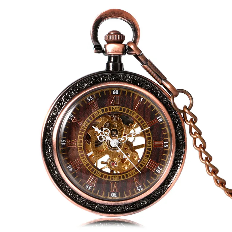Red Copper Roman Numbers Fashion Mechanical Hand Winding Wind Up Open Face Skeleton Men Classic Vintage