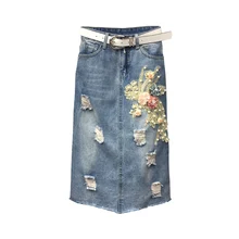 Новые летние женские джинсовые юбки с цветочной вышивкой и бисером, прямые женские джинсовые юбки, женские тонкие сексуальные юбки