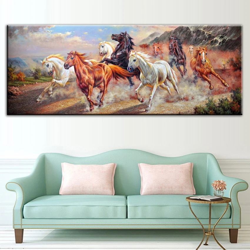 Vintage Canvas Art Print Running Horses on Field Energetic Picture