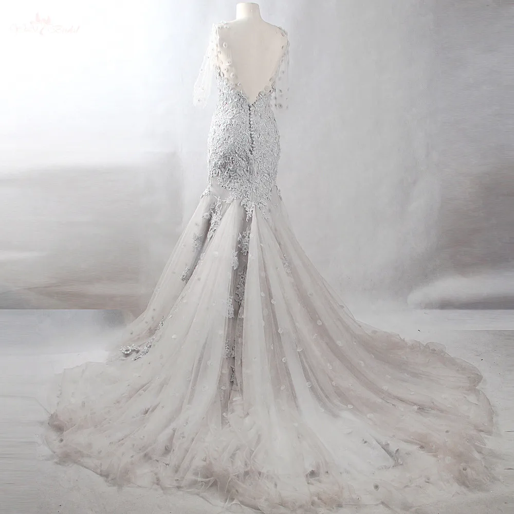 

RSW875 Yiaibridal Real Job 3/4 Sleeves V Neckline 3D floral Beaded Venice Lace Fishtail Mermaid Gray Wedding Dress 2018